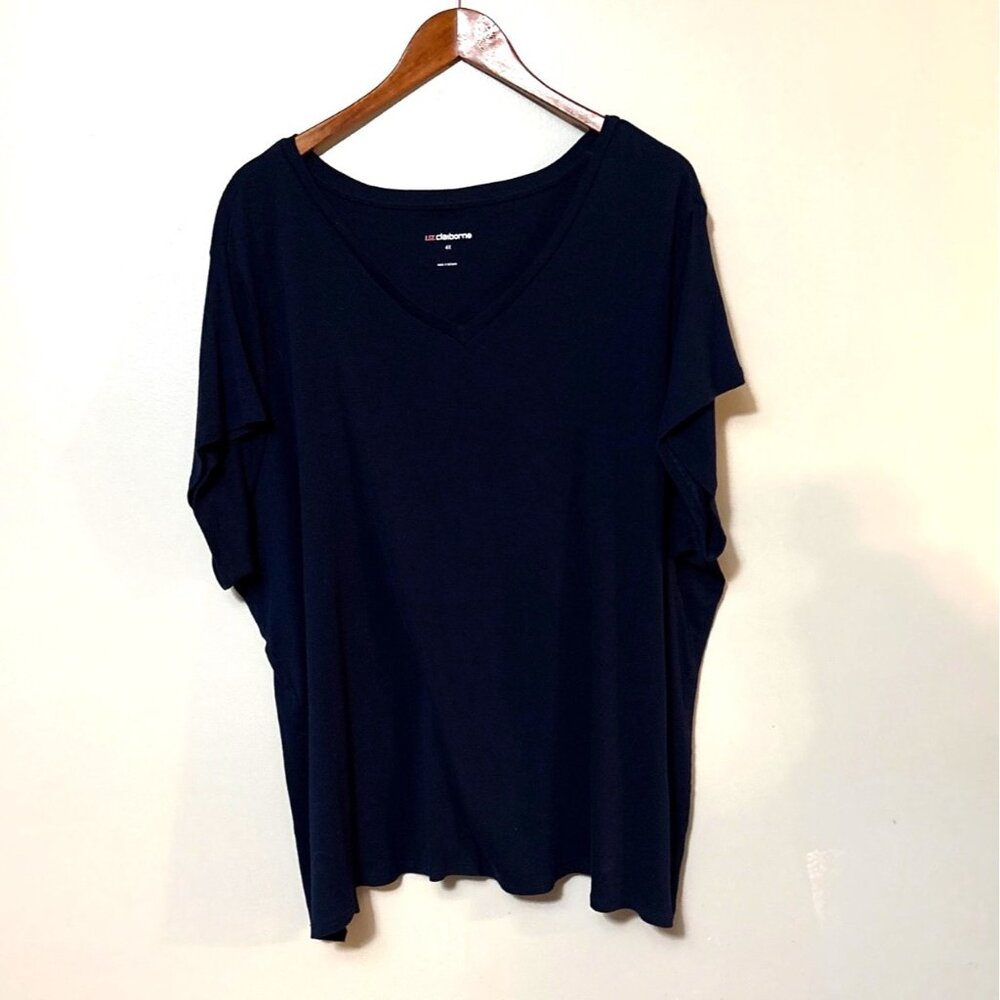 Liz Claiborne Womens Navy Blue V-Neck Cotton T-Shirt 4X Relaxed Fit Casual Top